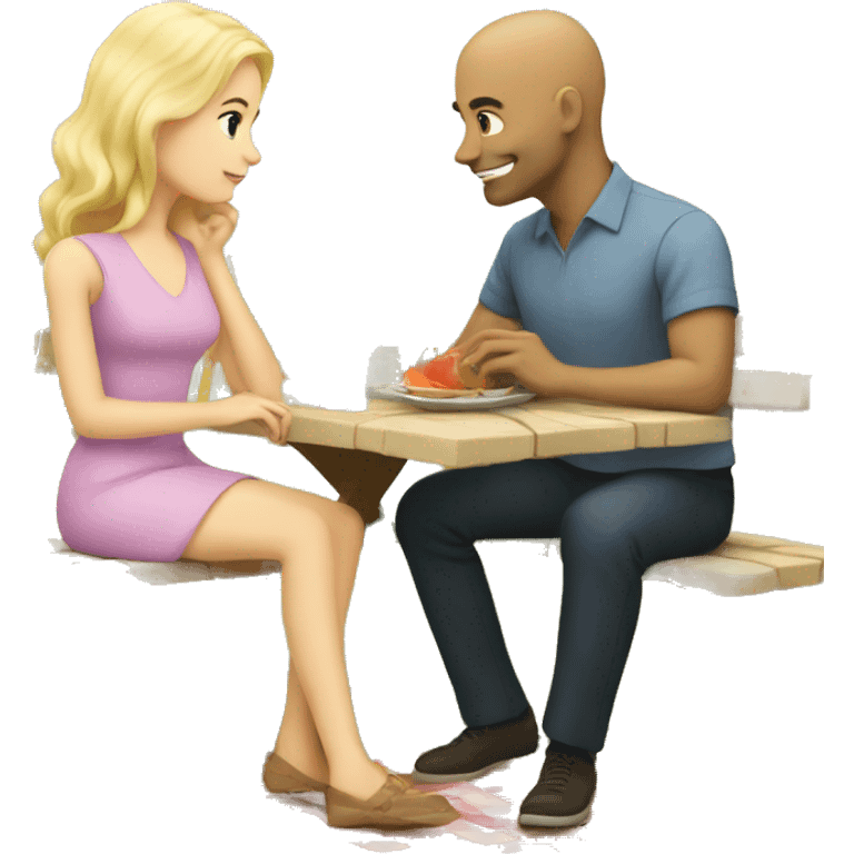 Blonde girl having a picnic with a bald man emoji