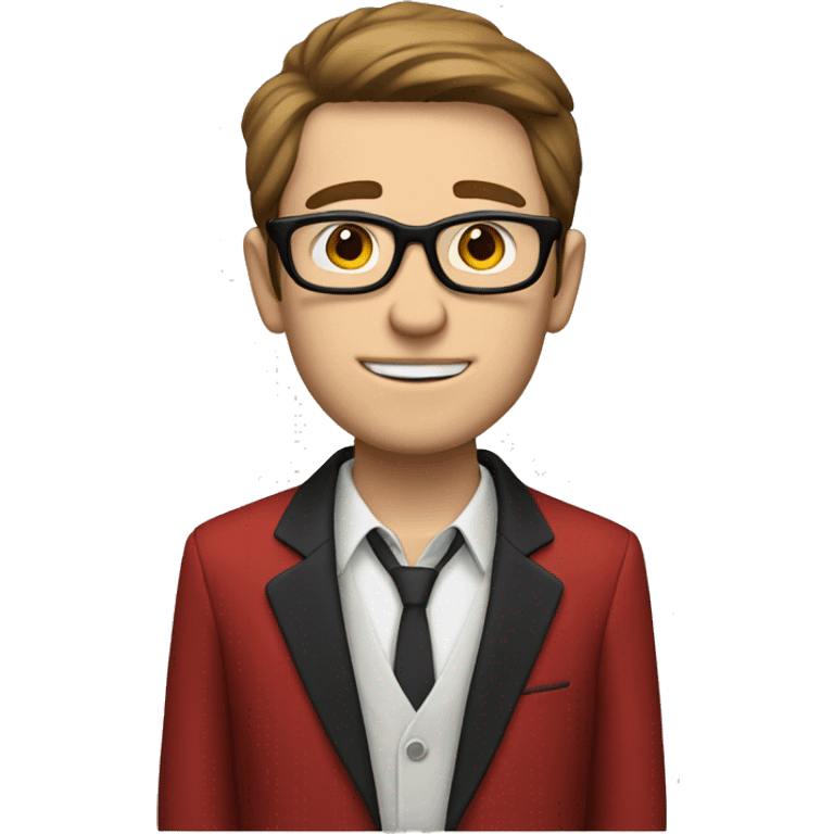 skinny white guy with brown hair, black glasses and red suit emoji