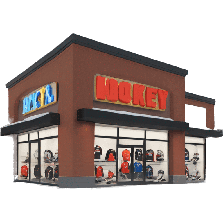 “Hockey store exterior with bold signage, large windows displaying hockey equipment, jerseys, and gear, and a sleek, sporty design that captures the essence of the sport.” emoji