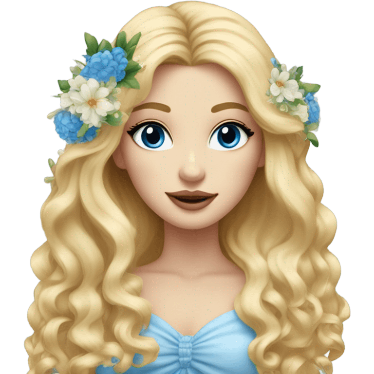 Wedding hair long with colourful florals beautiful finished blonde girl with blue eyes  emoji