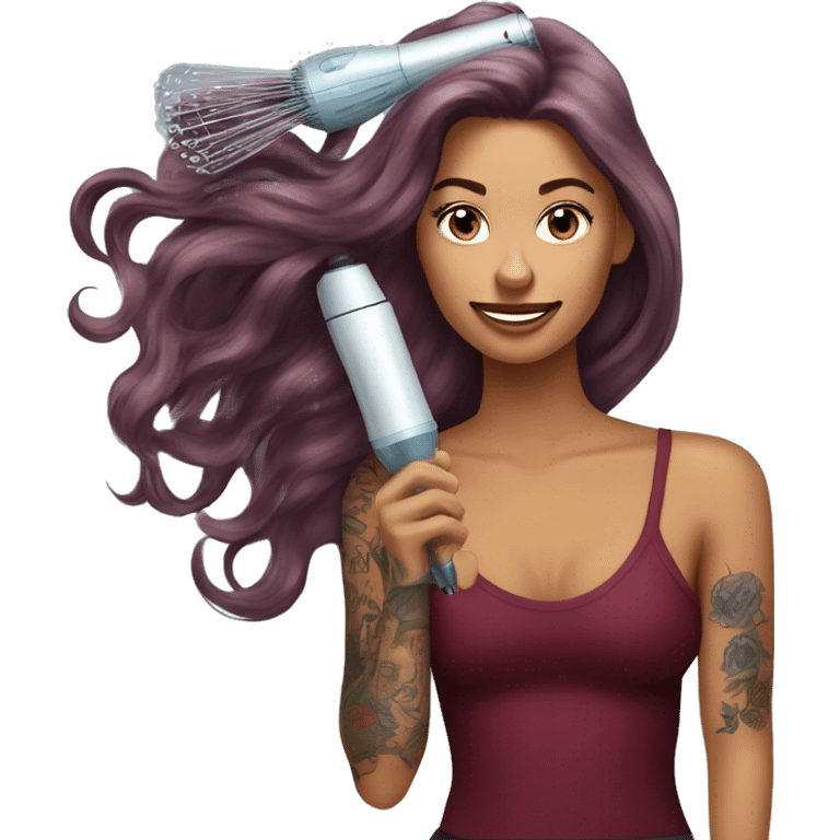 Beautiful tattooed  burgundy long haired woman blow drying her hair emoji