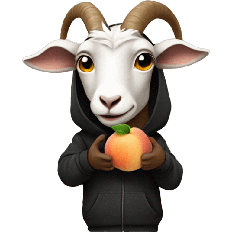 Goat wearing a black hoodie holding a peach emoji