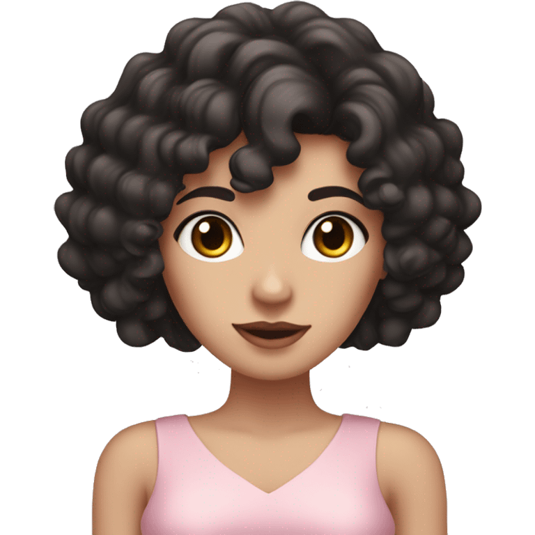 White woman with long black curly hair and bangs and dark brown eyes, wearing a pastel pink dress emoji