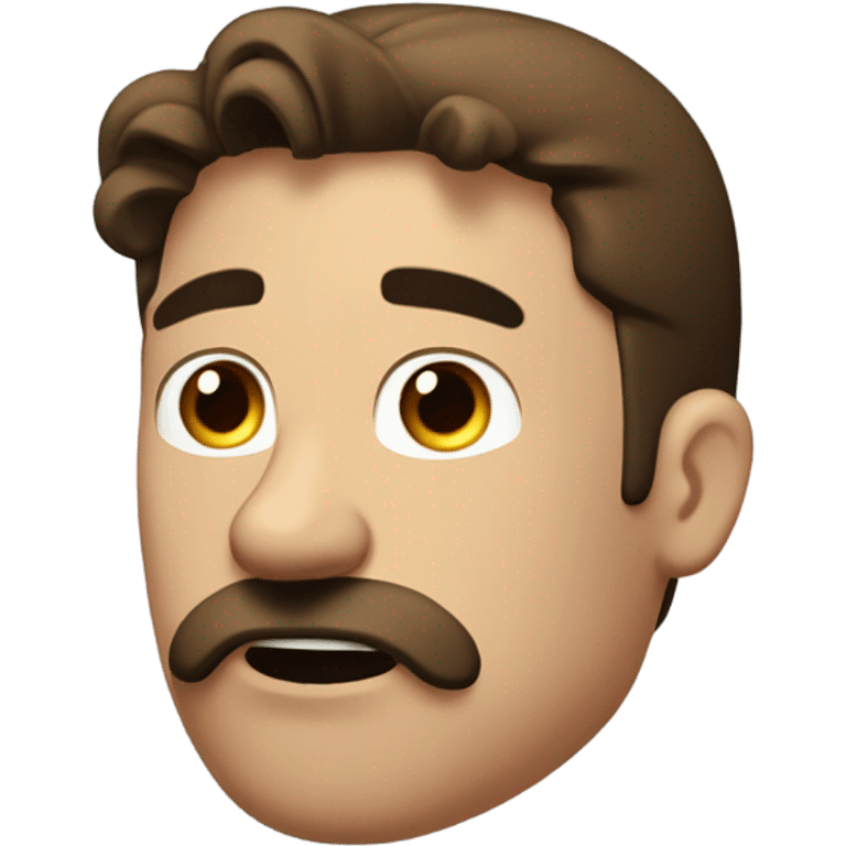 Brown haired guy with a mustache eyes looking up bored look blowing air out of his mouth black T-shirt in his late 30s  brown mustache and hair is in a ponytail emoji