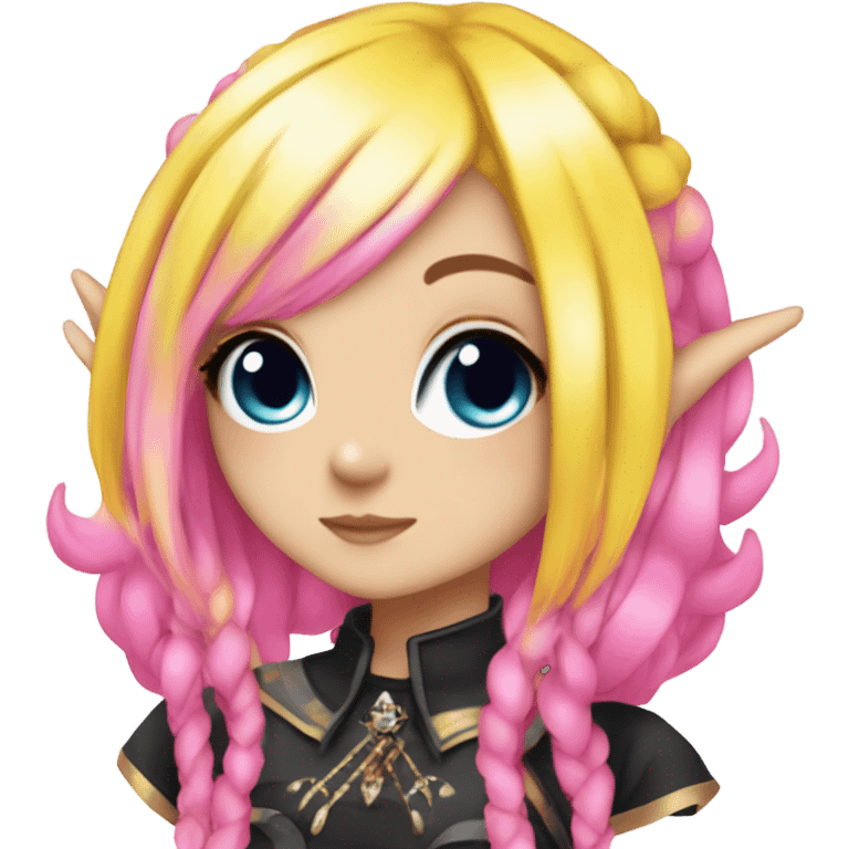 Blue eyed long eye lashes pout blonde and pink hair pale hime gyaru girl, hot pink and yellow split-dyed hair, nose ring, elf ears, dark makeup, punk clothes emoji