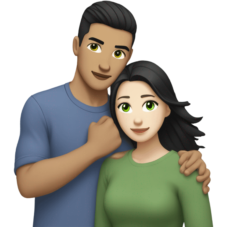 Light skin Asian male with undercut straight black hair and white female with green eyes and long brown wavy hair tightly hugging each other  emoji