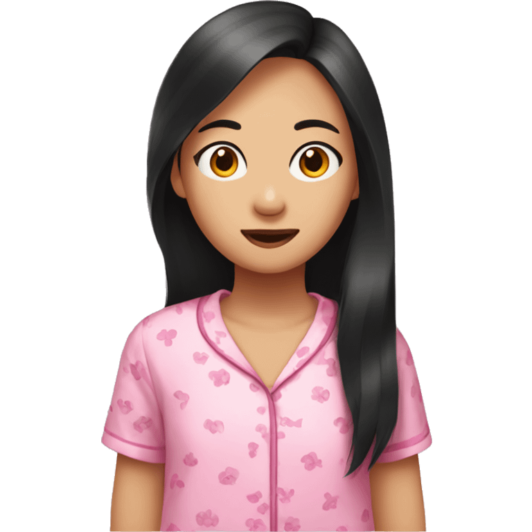 Asian girl with dark long hair wearing pink pajamas at a sleepover emoji