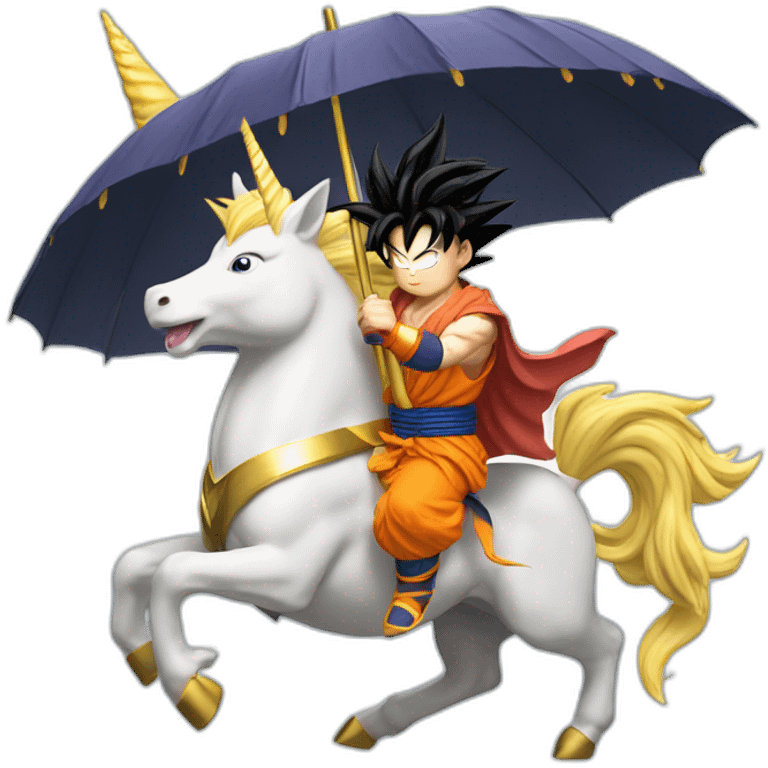 god goku riding a super saiyan unicorn with umbrella in hand emoji