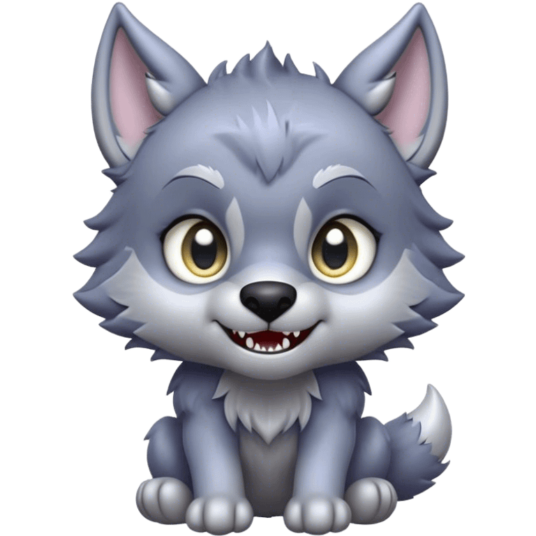 Cinematic Cute Werewolf Portrait Emoji, with a cuddly, miniature lupine form in soft moonlit grays and silvers, featuring oversized sparkling eyes and a sweet, endearing snarl, simplified yet irresistibly adorable, highly detailed with a gentle glowing outline that captures the playful, heartwarming essence of a little werewolf! emoji