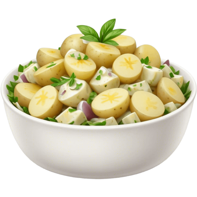 Cinematic Realistic Kartoffelsalat Dish Emoji, showcasing a traditional potato salad with fresh herbs and tangy dressing rendered with lifelike detail and vibrant, natural lighting. emoji