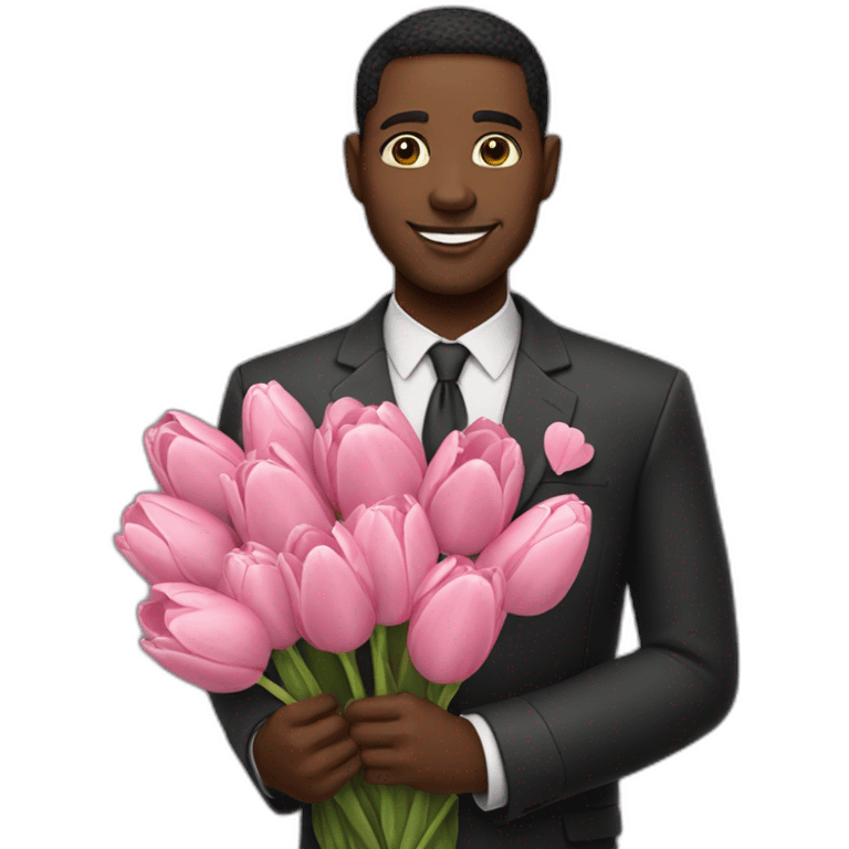 Black man holding Bouquet of pink tulips emoji