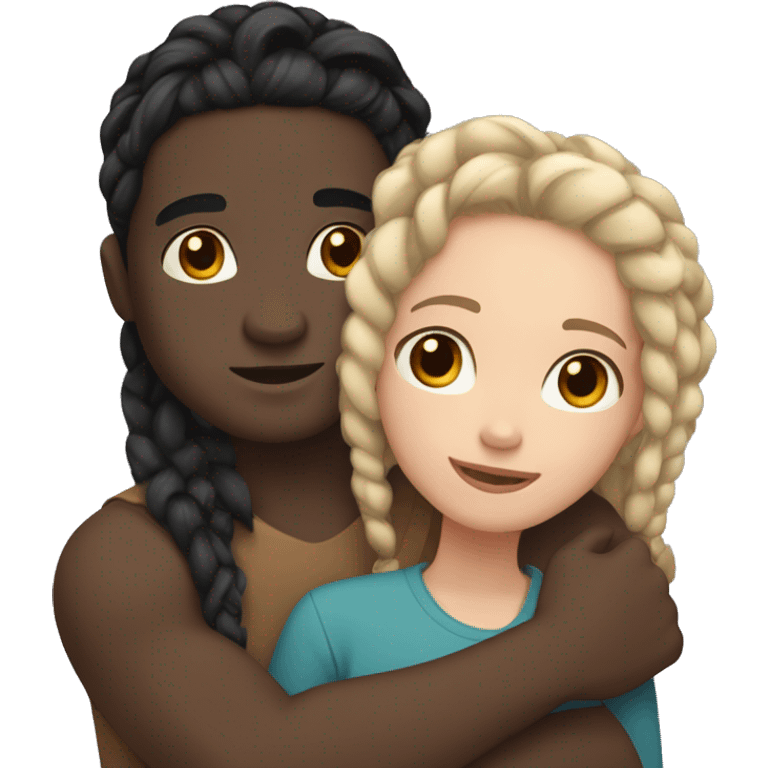 Light skin black Girl with braids hugging guy with pale skin and long black hair emoji