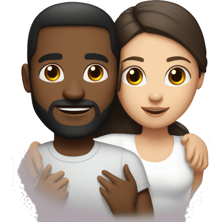 light skin woman with very long straight brown hair hugging black man with very short dark hair and a long dark beard wearing a white tshirt emoji