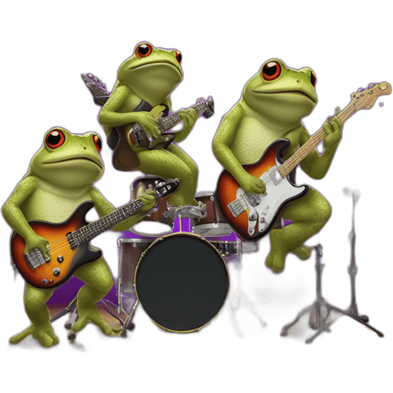 Three toad playing electric guitar, bass and drumset in concert emoji