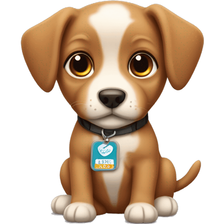 Small brown puppy with name badge Leo  emoji