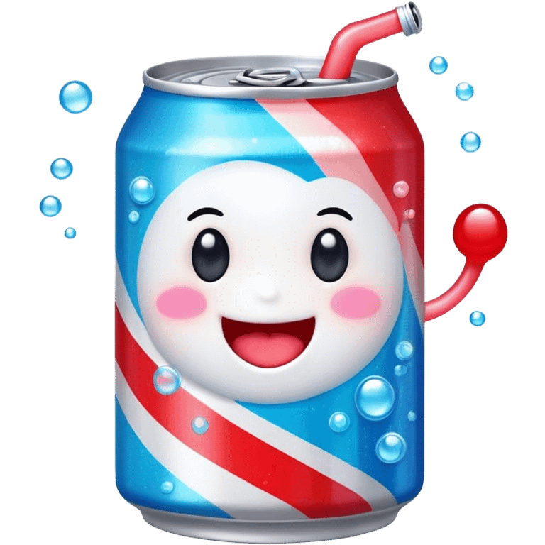 Cute Kawaii Soda Can, bubbly and vibrant, bright red and blue stripes, playful fizz popping around, a chubby happy face with wide sparkling eyes, energetic and refreshing! emoji