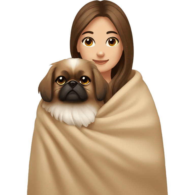 A Women with brown hair is cradling her Pekingese in a beige blanket emoji