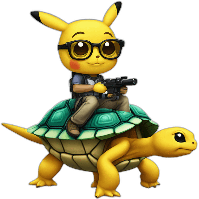 Eric Zemmour avec des lunettes de soleil sur une tortue avec 4 ailes et un Pikachu cyborg avec un bras canon qui lance un éclair avec une explosion en arrière plan emoji