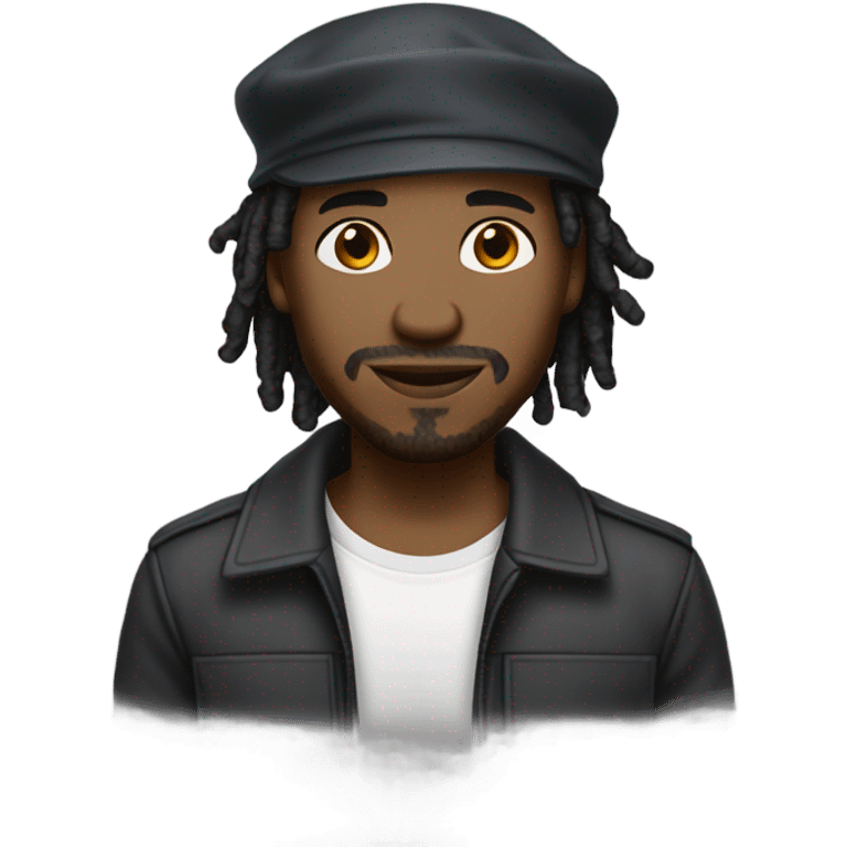 A young African-American male with medium-length, thick dreadlocks, a trimmed goatee, and sharp facial features. He has a slim but toned build, a friendly smile, and is wearing a backward cap. emoji