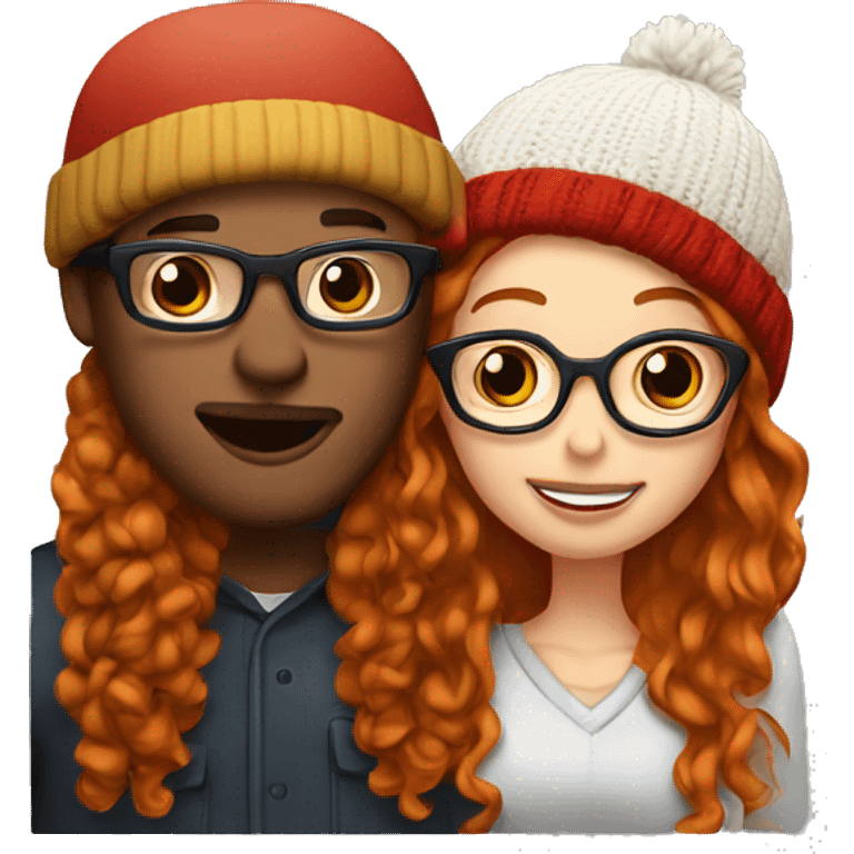 Red haired white couple kissing. Woman long hair with beanie. Man curly hair with glasses. emoji