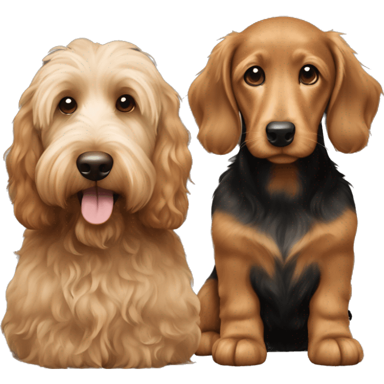 Brown golden doodle and black and tan and cream longhair dachshund sitting together  emoji