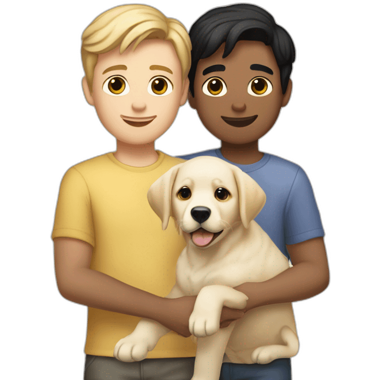 gay-couple,-1-guy-straight-blackhair australian-and-1-australian-white-guy-with-blackhair-slightly-curly-holding one light yellow labrador retriever puppy one labrador retriever puppy emoji