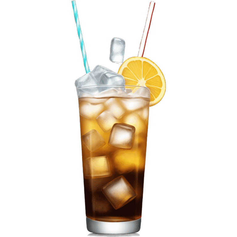 a tall and thin highball cocktail with 2 colors, brown on the bottom and clear water on top with crush ice and a straw, juste one drink, clear separation between colors emoji