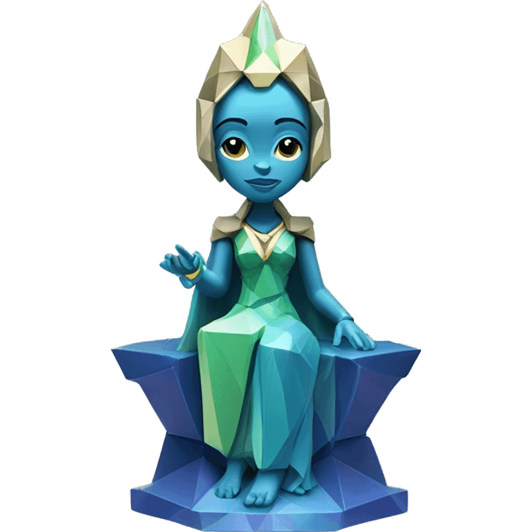 Sculpture oracle priestess with a geometric faceted design with disney features. Oracle of delphi is sparkling and standing upright on a base with angular and flower features. The vibrant blues neutrals and greens highlights the sharp edges and planes.  emoji