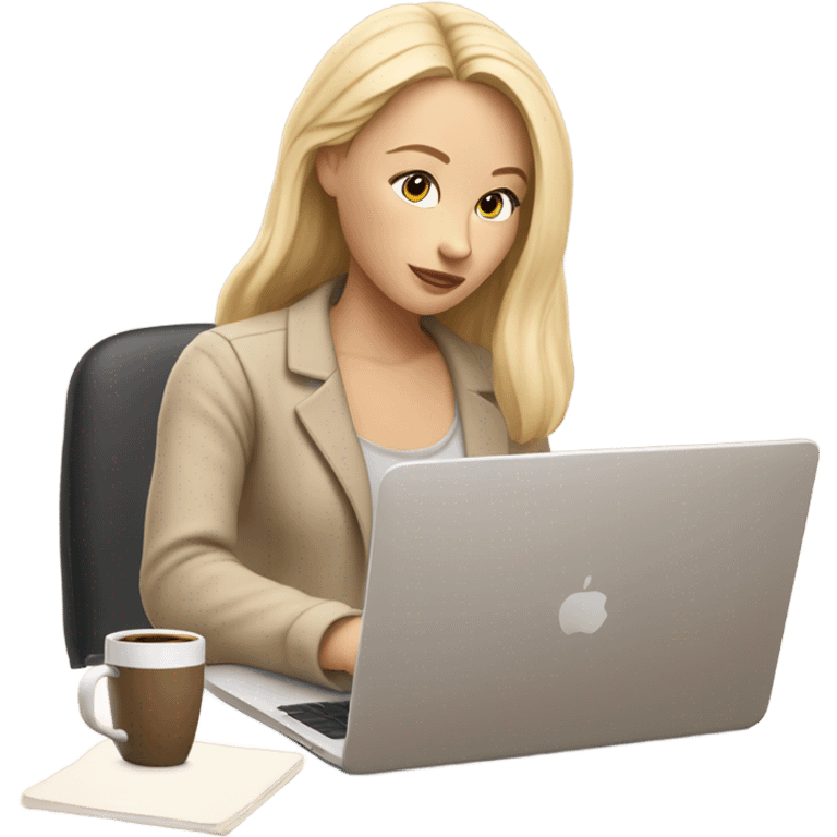 A blonde girl working on her laptop in a beige aesthetic setting. The scene features soft, warm tones with minimalist decor, such as a neutral beige desk, a simple coffee cup, and subtle lighting that complements the calming and modern atmosphere. emoji