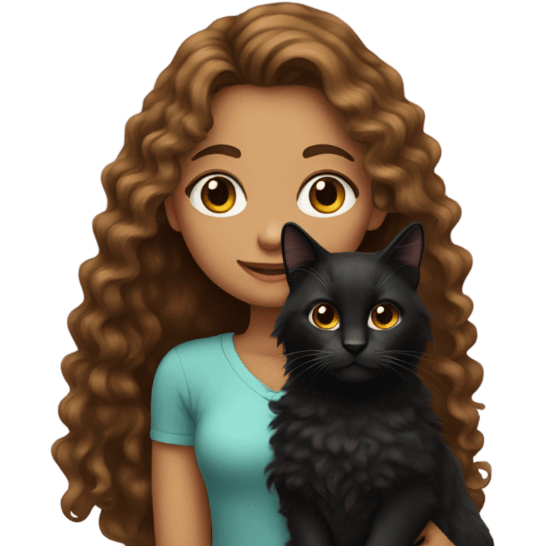 A girl with medium brown very long curly hair holding a black cat emoji