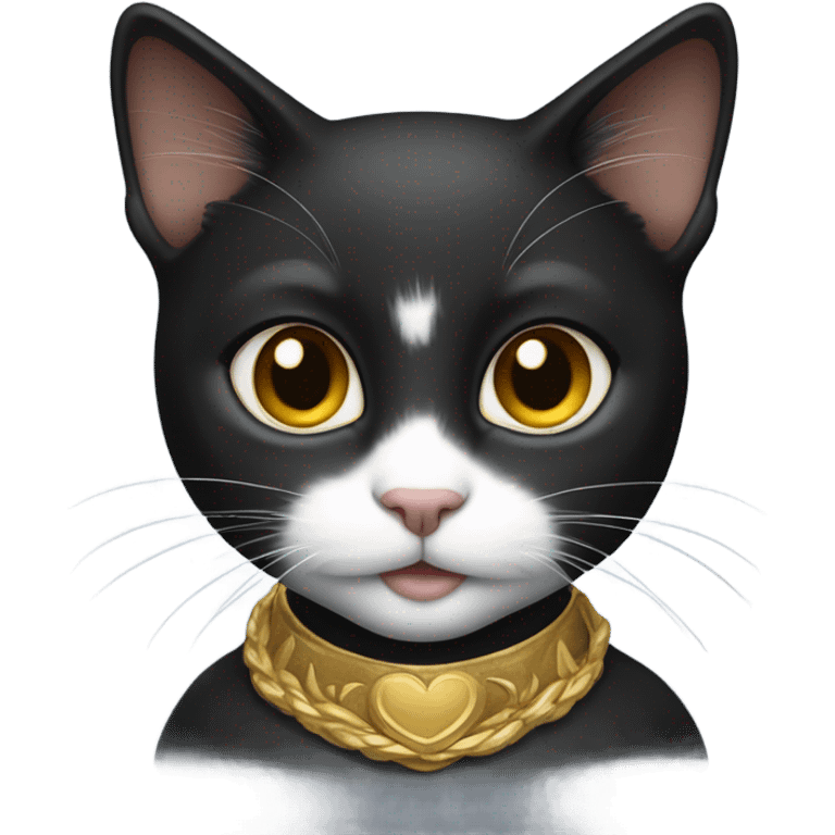 Cute black female kitty with small white patch on front of her neck with a golden royalty theme  emoji