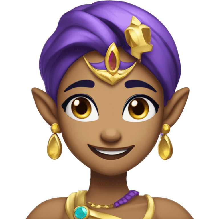 Shantae the Half-Genie, with Tan Skin, Purple Hair with a purple long ponytail, Blue pupils, Gold Tiara on her forehead, elf ears, Circular earrings, Winking, smiling. emoji