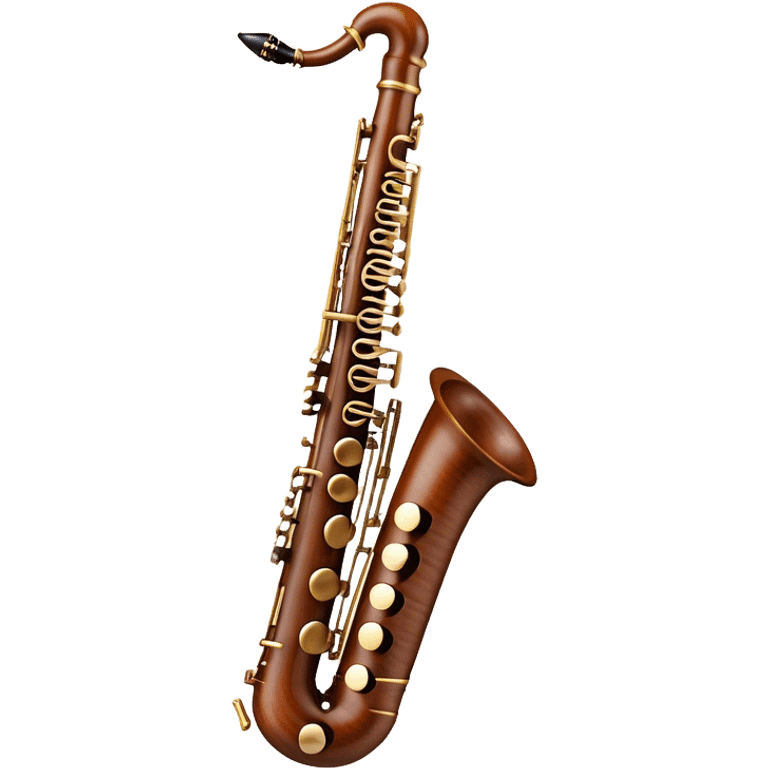 Create an elegant and precise emoji representing the Marigaux oboe. The design should feature the long, slender body of the oboe, with its distinctive keys and polished wood finish. The instrument should have rich, warm tones of wood with subtle metallic accents on the keys, showcasing its high-quality craftsmanship. Add a delicate musical note or soundwave around the oboe to symbolize its melodic and expressive sound. Use earthy tones like rich browns and golds to reflect the traditional and professional nature of the instrument. The background should be transparent. emoji