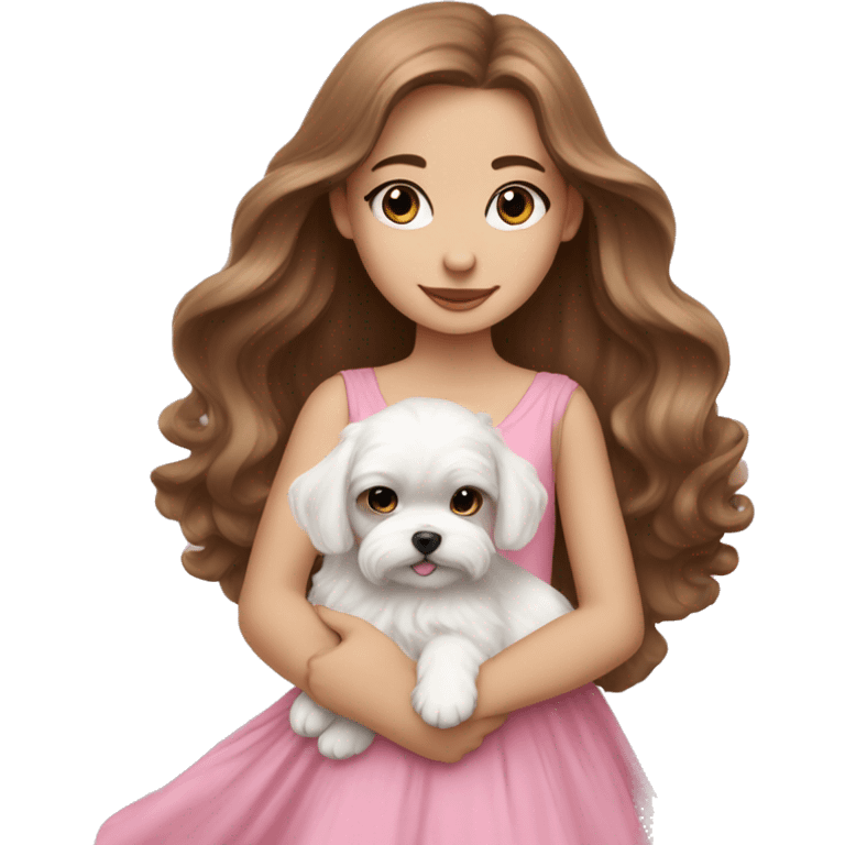 Brown long hair blue eyes girl with maltese puppy with pink dress emoji