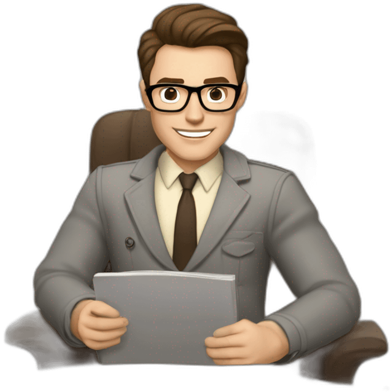 Pale skinned Fit Man With dark brown hair in gray jacket, beige office shirt, Brown pants and vintage glasses sitting In a soft chair with a notebook on spring with emblem Ψ and a pen emoji