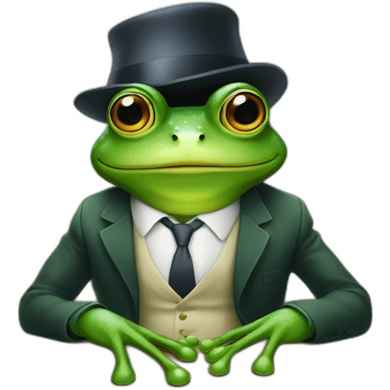 A frog wearing a suit looking straight sitting on a table and wearing a hat emoji