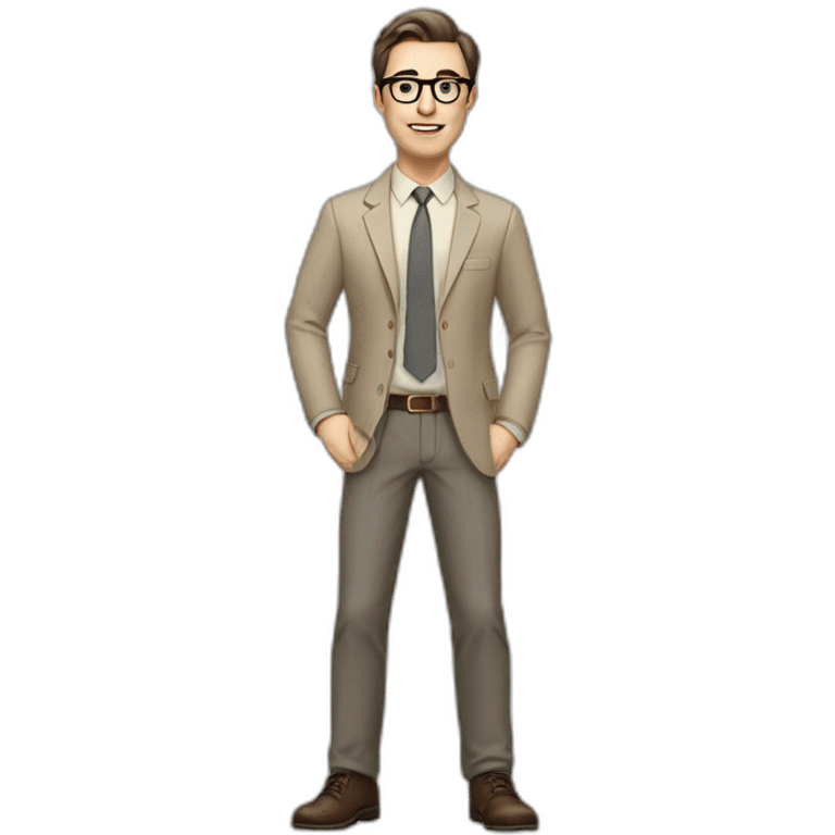 Full height Gesticulating Pale skinned fit man with dark brown hair in gray jacket, beige office shirt, brown tie, brown pants and vintage glasses. emoji