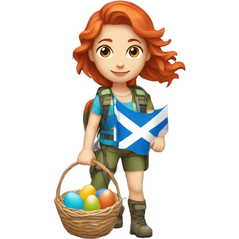 Female mountain climber red hair with Greek flag and holding Easter eggs basket emoji