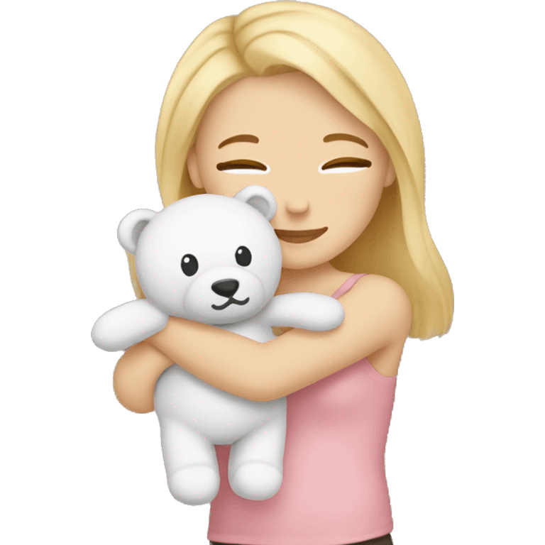 White girl with blonde hair cuddling the teddy bear emoji emoji