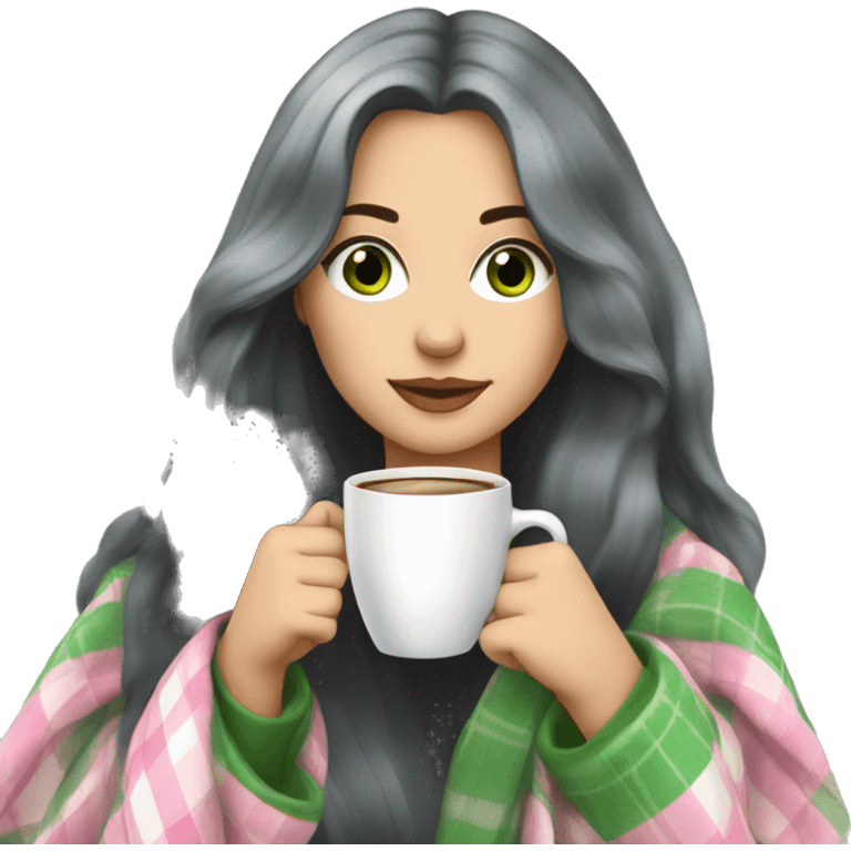 A pretty white woman with long black hair and green eyes wrapped in pastel pink plaid blanket drinking coffee emoji