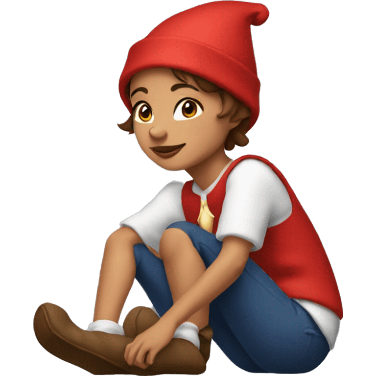 Girl with  brown short hair in red elf hat in a sitting knees up holding her knees  emoji