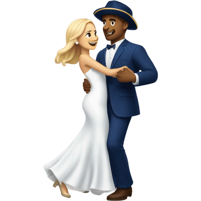 Puerto rican beard short brown hair with blue hat and navy blue suit first dance with blond long hair girl with white  wedding dress  emoji