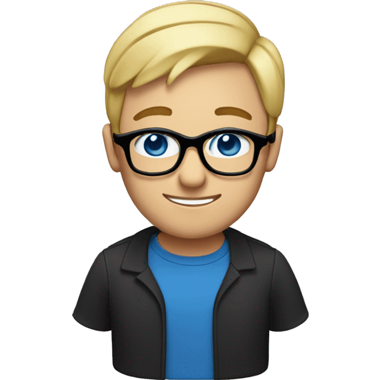 Man with short straight blonde hair and blue eyes with black glasses emoji