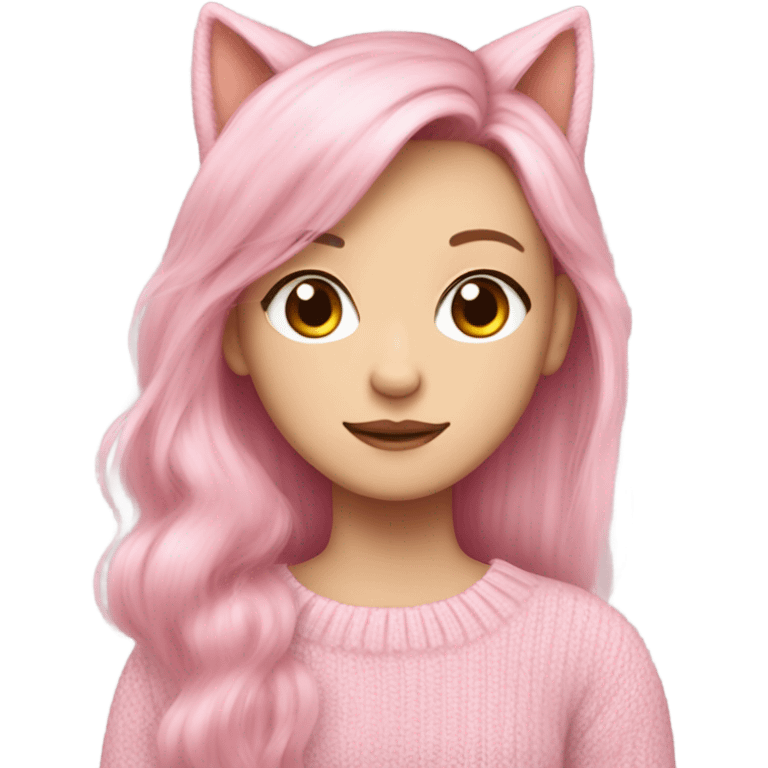 Giselle aespa, pink soft hair, pale skin, sweater pink soft with cat ears emoji