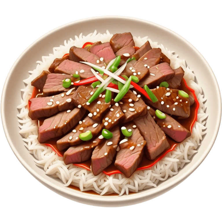 Bulgogi Cinematic Realistic Bulgogi Dish Emoji, depicted as thinly sliced, marinated beef stir-fried to perfection, rendered with dynamic textures and vibrant, appetizing lighting. emoji