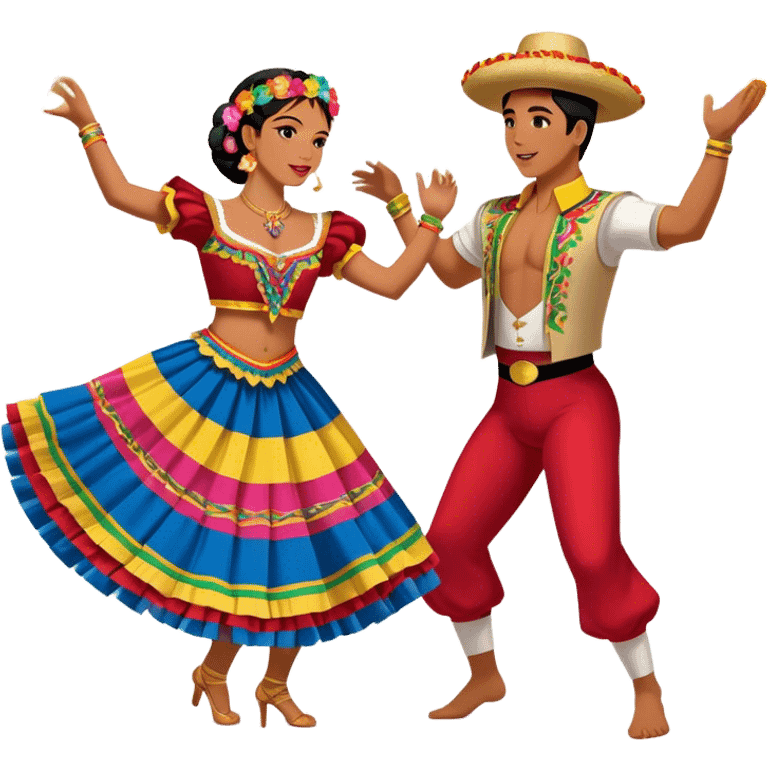 Cinematic Realistic scene of two dancers performing Cumbia, adorned in colorful traditional Colombian costumes with intricate details, captured in rhythmic motion with lively, festive lighting emoji