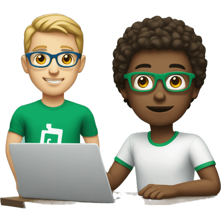 white young man with square glasses and blue eyes wearing green t-shirt using laptop  emoji