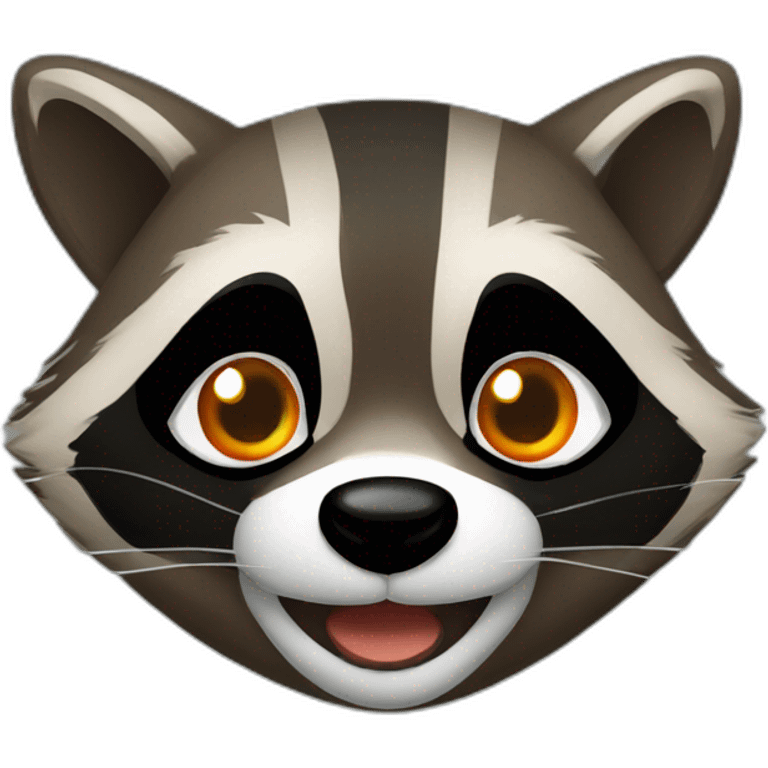 brown raccoon with orange eyes and a dark green hood that is laughing emoji