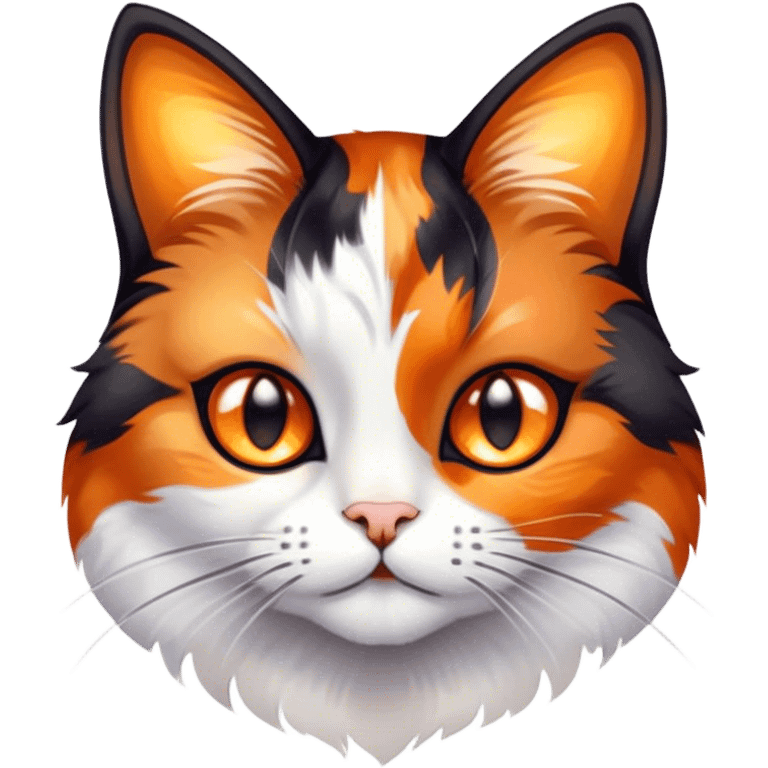 Cinematic Cute Calico Cat Portrait Emoji, Head tilted playfully with sparkling, inquisitive eyes and a charming patchwork fur of orange, black, and white, simplified yet irresistibly adorable, highly detailed, glowing with a warm, inviting glow, high shine, bubbly and affectionate, styled with a touch of whimsical feline charm, soft glowing outline, capturing the essence of a delightfully cute calico cat that looks as if it could prance off the screen into your heart! emoji