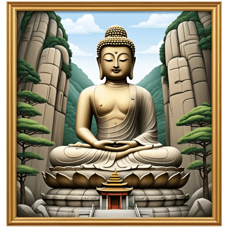 Cinematic Realistic image of the Big Buddha Monument of Sinheungsa Temple, portrayed as a towering, serene Buddha statue carved from weathered stone with intricate details and a gentle meditative expression, set within an ancient temple landscape enveloped in soft, ethereal lighting that underscores its spiritual majesty. emoji